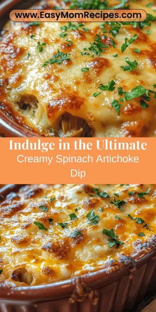 Indulge in the ultimate creamy spinach artichoke dip, the perfect appetizer for any gathering! This simple recipe blends frozen spinach, canned artichokes, and a trio of creamy ingredients, resulting in a deliciously rich and cheesy dip. Bake it until bubbly and golden, and serve with tortilla chips or veggies for a crowd-pleaser. Easy to make and sure to impress! Try it today! #SpinachArtichokeDip #Appetizers #PartyFood #Yummy #ComfortFood #EasyRecipes