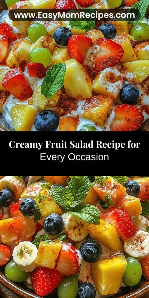 Discover the joy of making a Creamy Fruit Salad Delight that’s perfect for any occasion! Packed with vibrant fruits like strawberries, blueberries, and pineapple, this refreshing dish is elevated with a creamy yogurt dressing. It's not only delicious but also a healthy treat filled with essential vitamins. Customize it with seasonal fruits and nuts for an added crunch. Enjoy this colorful salad at your next picnic or family gathering! #FruitSalad #HealthyEating #SummerRecipes #Yummy #CookingIdeas