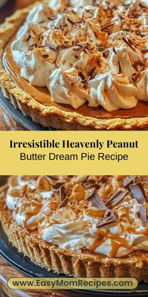 Indulge in the creamy goodness of Heavenly Peanut Butter Dream Pie! This delightful dessert features a crunchy graham cracker crust filled with a rich peanut butter and cream cheese mixture, topped with light whipped cream. Perfect for any occasion, it’s a treat that brings smiles to gatherings and family dinners alike. Ready to make this dreamy pie? Check out the recipe and get baking now! #PeanutButterDessert #DreamPie #BakingJoy #DessertLovers #HomemadeTreats #Yummy