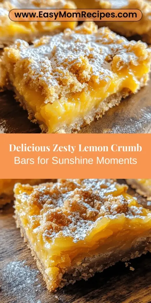 Indulge in the vibrant flavors of Zesty Lemon Crumb Bars, a perfect dessert for any occasion. With their buttery, crumbly crust and rich lemon filling, these bars balance tartness and sweetness beautifully. Easy to make at home, they provide a fulfilling baking experience while impressing friends and family. Ideal for summer barbecues or cozy gatherings, these delightful treats are sure to be a hit, adding a refreshing touch to your dessert table.