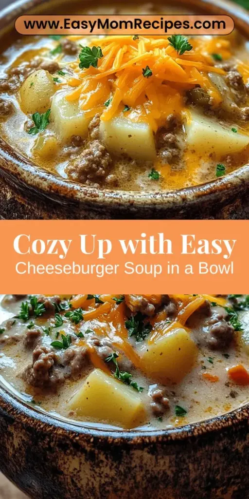 Cozy up with a bowl of easy cheeseburger soup, a heartwarming dish that blends the classic flavors of a cheeseburger into a creamy soup. Perfect for chilly nights or busy weeknights, this one-pot meal is not only simple to make but also nutritious and delicious. With ground beef, veggies, and rich dairy, every spoonful is packed with comfort. Discover the joy of this family-friendly recipe! #CheeseburgerSoup #ComfortFood #EasyRecipes #OnePotMeals #FamilyDinner #SoupSeason