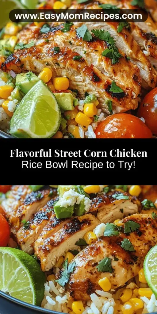Discover the vibrant flavors of the Street Corn Chicken Rice Bowl, a delightful fusion of Mexican street food and modern rice bowl trends. Featuring juicy chicken thighs, sweet corn, fresh veggies, and zesty toppings, this dish is a feast for the senses. Perfect for weeknight dinners or meal prep, this customizable recipe is packed with nutrients and taste. Try it today for a nutritious and satisfying meal! #StreetCorn #ChickenRiceBowl #FusionRecipes #HealthyEating #mealprep