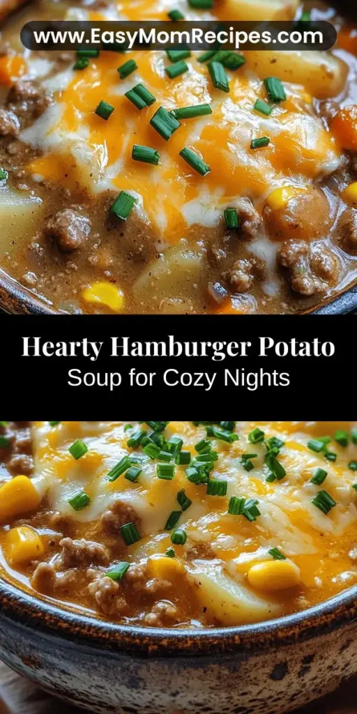 Warm up this winter with a bow of homemade Hamburger Potato Soup! This hearty dish combines ground beef, creamy potatoes, and savory seasonings, making it perfect for cozy nights in. Easy to prepare with simple ingredients, it fits right into your weeknight dinner plans. Whether you stick to the classic version or customize it with your favorite veggies and spices, this soup is sure to please! #HamburgerPotatoSoup #ComfortFood #HeartyMeals #WinterRecipes #HomemadeSoup