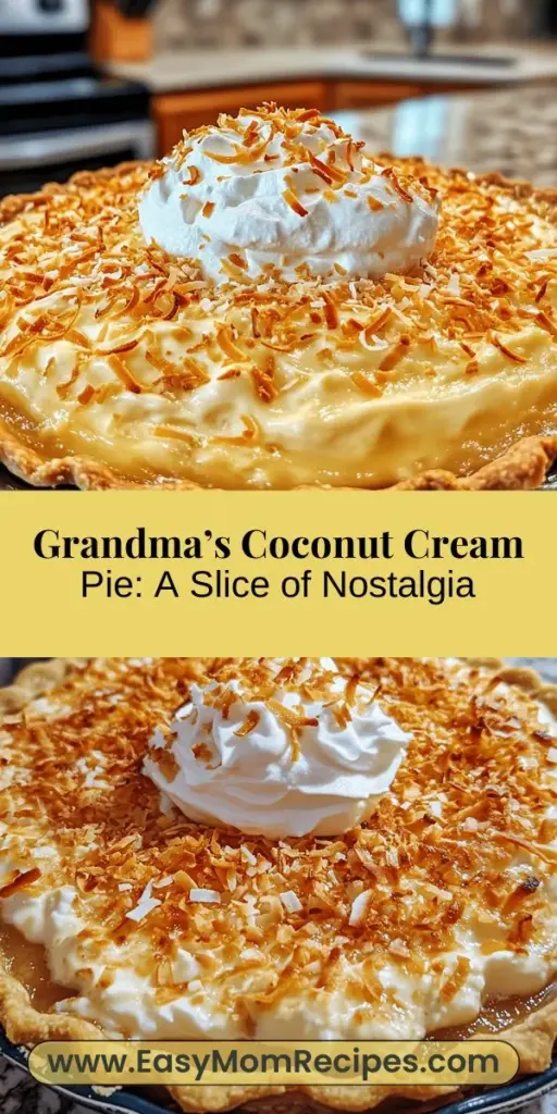 Grandma's Coconut Cream Pie is a nostalgic dessert that brings warmth and joy to family gatherings. With its rich, creamy custard infused with sweet shredded coconut and nestled in a flaky crust, each slice is a taste of tradition. The pie is topped with fluffy whipped cream and toasted coconut flakes, creating a delightful contrast in texture and flavor. Perfect for any occasion, this timeless recipe is sure to evoke cherished memories and create new ones around the table.