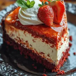 The Red Velvet Cheesecake is a stunning dessert that combines two beloved classics: the rich, velvety texture of red velvet cake and the creamy, indulgent allure of cheesecake. This dessert is not only a feast for the eyes but also a delightful experience for the palate. The vibrant red hue of the cake layer, often associated with celebrations and special occasions, pairs beautifully with the smooth, tangy cheesecake filling, making it a perfect choice for birthdays, anniversaries, or simply a cozy night in.