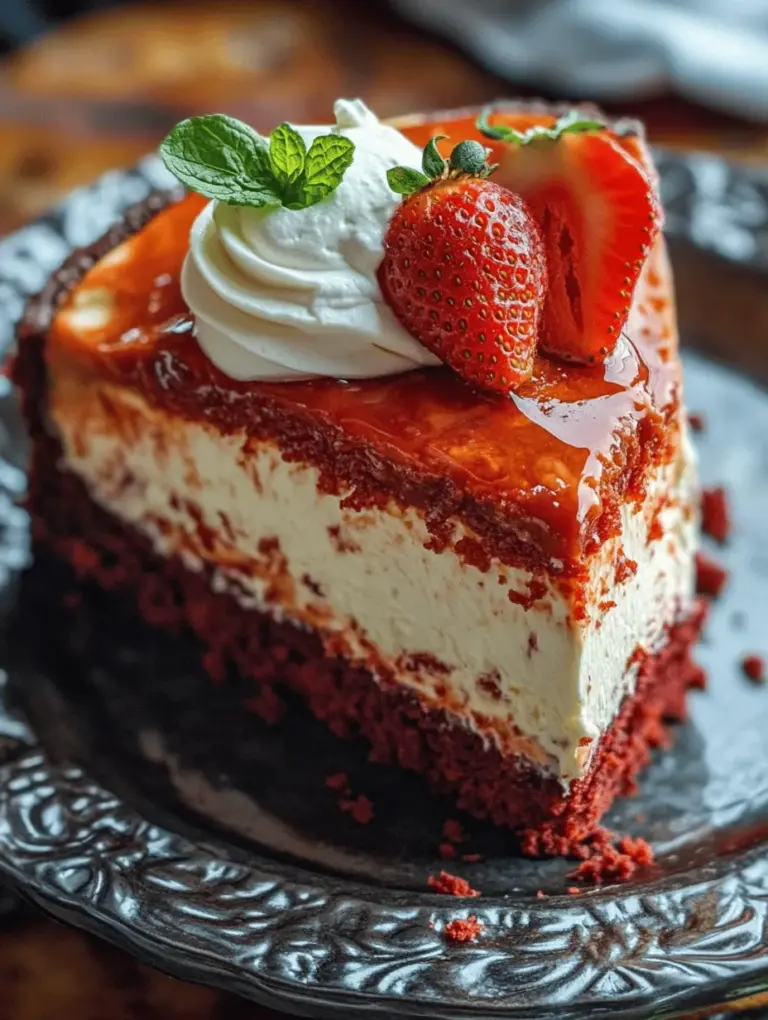 The Red Velvet Cheesecake is a stunning dessert that combines two beloved classics: the rich, velvety texture of red velvet cake and the creamy, indulgent allure of cheesecake. This dessert is not only a feast for the eyes but also a delightful experience for the palate. The vibrant red hue of the cake layer, often associated with celebrations and special occasions, pairs beautifully with the smooth, tangy cheesecake filling, making it a perfect choice for birthdays, anniversaries, or simply a cozy night in.