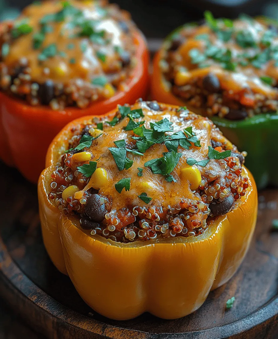 In recent years, there has been a significant shift toward healthier eating habits, with many people embracing plant-based meals that are not only nutritious but also bursting with flavor. This trend has led to the rise in popularity of vibrant dishes that celebrate fresh ingredients and wholesome nutrition. One such dish that perfectly embodies this movement is <strong>Colorful Quinoa and Black Bean Stuffed Bell Peppers</strong>.” /></p>
</p>
<h3>Creating the Filling</h3>
</p>
<p>To create a delicious and hearty filling for our Colorful Quinoa and Black Bean Stuffed Bell Peppers, we start by sautéing aromatic ingredients that will form the flavor base of our dish. Begin by heating a tablespoon of olive oil in a large skillet over medium heat. Once the oil is hot, add one finely chopped onion and two cloves of minced garlic. Sauté these ingredients for about 5 minutes, or until the onion becomes translucent and fragrant.</p>
</p>
<p>Next, incorporate a finely chopped bell pepper (you can use any color, but using a different color than the peppers you’ll be stuffing adds a nice visual element). Continue to sauté for an additional 3-4 minutes, until the bell pepper softens. This aromatic mixture sets the stage for the rest of the filling.</p>
</p>
<p>Once the vegetables are perfectly sautéed, it’s time to add our main ingredients: one cup of cooked quinoa and one can (15 ounces) of drained and rinsed black beans. Stir these ingredients into the skillet, ensuring they are well-combined with the sautéed vegetables. For added flavor, sprinkle in one teaspoon of ground cumin, one teaspoon of smoked paprika, and salt and pepper to taste. If you like a bit of spice, you can add a pinch of cayenne pepper or a diced jalapeño at this stage.</p>
</p>
<p>Mix everything together thoroughly and allow the filling to cook for another 2-3 minutes. This will help meld the flavors together. Finally, remove the skillet from heat and stir in a handful of chopped fresh cilantro and the juice of one lime. This brightens the filling and adds a fresh, zesty note that perfectly complements the other flavors.</p>
</p>
<h3>Stuffing the Peppers</h3>
</p>
<p>Now that our filling is ready, it’s time to stuff the peppers. Preheat your oven to 375°F (190°C) if you haven’t already.</p>
</p>
<p>Carefully take your prepared bell peppers (halved and seeds removed) and place them cut-side up in a baking dish. Using a large spoon or a cookie scoop, generously fill each pepper half with the quinoa and black bean mixture. Make sure to pack the filling slightly to ensure it holds together while baking. If you have any leftover filling, you can either pile it on top of the stuffed peppers or serve it alongside as a side dish.</p>
</p>
<p>To ensure even cooking, arrange the stuffed peppers snugly in the baking dish. If they lean to one side, you can use crumpled aluminum foil to help them stand upright. This is especially important for achieving an evenly cooked pepper that is tender yet firm.</p>
</p>
<h3>Baking the Stuffed Peppers</h3>
</p>
<p>Baking the stuffed peppers is the next crucial step. Cover the baking dish with aluminum foil to prevent the peppers from drying out during the initial baking phase. Place the dish in the preheated oven and bake for 25 minutes.</p>
</p>
<p>After 25 minutes, it’s time to remove the foil. This allows the tops of the peppers to brown slightly and adds a touch of crispiness to the filling. If you’re using cheese (dairy or plant-based), sprinkle it on top of the stuffed peppers before returning them to the oven for an additional 10-15 minutes, or until the cheese is melted and bubbly.</p>
</p>
<p>To check for doneness, insert a fork into the flesh of the peppers. They should be tender but not mushy. The filling should be hot throughout, and if you added cheese, it should be golden and slightly crispy on top.</p>
</p>
<h3>Serving Suggestions</h3>
</p>
<p>Once the stuffed peppers are out of the oven, let them sit for a few minutes before serving. Garnish the peppers with additional chopped cilantro for a fresh touch. These stuffed peppers are delicious on their own, but you can elevate the meal by serving them alongside a fresh green salad or a zesty salsa. A simple avocado crema or a dollop of Greek yogurt can also complement the flavors beautifully.</p>
</p>
<p>Pairing suggestions include a light cucumber salad with lemon vinaigrette, a refreshing corn salsa, or even a side of tortilla chips for added crunch. You might even consider serving the stuffed peppers with a side of guacamole or pico de gallo to enhance the Southwestern flair of the dish.</p>
</p>
<h3>Nutritional Analysis</h3>
</p>
<p>This recipe for Colorful Quinoa and Black Bean Stuffed Bell Peppers is not only visually appealing but also packed with nutrition. Each serving (one stuffed pepper half) contains approximately:</p>
</p>
<p>– <strong>Calories</strong>: 180-220 (depending on cheese)</p>
<p>– <strong>Protein</strong>: 8-10 grams</p>
<p>– <strong>Carbohydrates</strong>: 30-35 grams</p>
<p>– <strong>Fiber</strong>: 8-10 grams</p>
<p>– <strong>Fat</strong>: 5-7 grams</p>
</p>
<p>The combination of quinoa and black beans provides a complete protein source, making this dish a fantastic option for plant-based diets. Additionally, the bell peppers are rich in vitamin C, vitamin A, and antioxidants, contributing to overall health and wellness.</p>
</p>
<p>Eating a plant-based meal like this can help reduce the risk of chronic diseases, support weight management, and improve digestive health due to its high fiber content. This dish is a perfect fit for anyone looking to incorporate more vegetables and whole foods into their diet.</p>
</p>
<h3>Benefits of Quinoa and Black Bean Stuffed Bell Peppers</h3>
</p>
<p>One of the standout features of this dish is its versatility. It’s an excellent option for meal prep, as the stuffed peppers can be made in advance and stored in the refrigerator for up to three days. Simply reheat them in the oven or microwave when you’re ready to eat.</p>
</p>
<p>Moreover, this recipe is accommodating to various dietary restrictions. It is vegan and gluten-free, making it suitable for a wide range of diets. You can easily customize the filling by swapping in other vegetables or grains, such as brown rice or farro, depending on your preferences or what you have on hand.</p>
</p>
<p>Colorful Quinoa and Black Bean Stuffed Bell Peppers are perfect for various occasions. They work well for family dinners, potlucks, or even as a hearty meal for guests. The vibrant colors and flavors make them appealing to both kids and adults alike, ensuring that everyone at the table will enjoy this nutritious dish.</p>
</p>
<h3>Conclusion</h3>
</p>
<p>In summary, Colorful Quinoa and Black Bean Stuffed Bell Peppers are a delightful blend of taste, nutrition, and visual appeal. They offer a myriad of health benefits while being incredibly satisfying and versatile. This dish is not only a feast for the eyes but also a nourishing option for those seeking plant-based meals.</p>
</p>
<p>Incorporating this vibrant recipe into your regular meal rotation can enhance your culinary repertoire while providing essential nutrients. Whether enjoyed as a main or a side dish, these stuffed peppers are sure to become a favorite in your household. So gather your ingredients, channel your inner chef, and enjoy the wonderful flavors and health benefits of this colorful and delicious dish!</p>
</div>