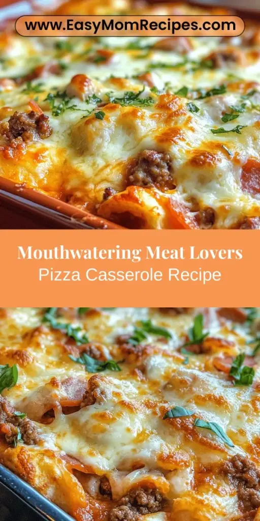 Indulge in the ultimate comfort food with Heavenly Meat Lovers Pizza Casserole. This mouthwatering dish combines layers of ground beef, spicy sausage, pepperoni, and ham, all mingled with aromatic onions and garlic in a rich tomato sauce. Topped with gooey melted cheese and fresh basil, this casserole is perfect for family dinners or gatherings. Dive into a medley of pizza flavors brought together in a hearty, satisfying meal that's easy to prepare and sure to please everyone!