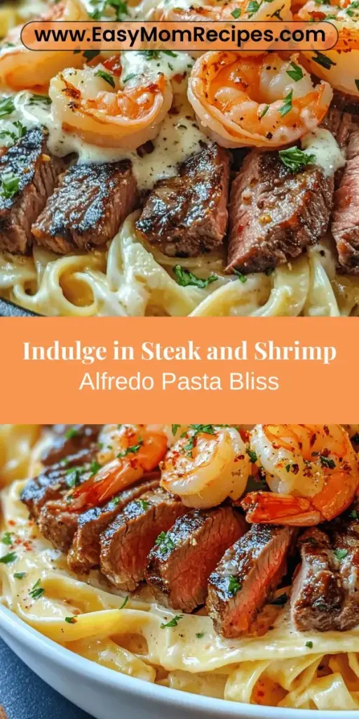 Indulge in the rich flavors of our Best Steak and Shrimp Alfredo Pasta! This delicious dish combines perfectly seared steak and succulent shrimp in a creamy Alfredo sauce, served over al dente fettuccine. Ideal for any occasion, from cozy weeknight meals to special celebrations, it's easy to prepare and sure to impress. Get ready to treat your taste buds to this gourmet experience! #PastaRecipe #SteakAndShrimp #AlfredoPasta #DinnerIdeas #Foodie