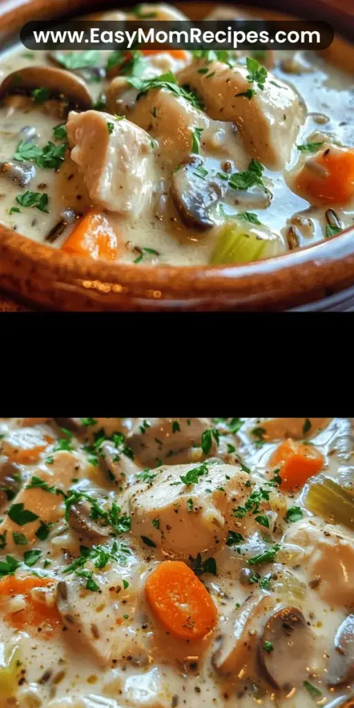 Warm up your chilly evenings with this creamy mushroom chicken and wild rice soup! Packed with tender chicken, earthy mushrooms, and chewy wild rice, this hearty soup is the perfect comfort food for any season. It's rich in flavor and nutrition, making it not just delicious but also wholesome. Gather your loved ones around the table and enjoy a bowl of this delightful soup! #SoupSeason #ComfortFood #HealthyRecipes #HomeCooking #MushroomSoup #WildRiceSoup