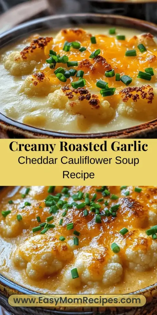 Warm up with a bowl of Roasted Garlic Cheddar Cauliflower Soup, a creamy delight perfect for any season! This comfort food is packed with health benefits, thanks to cauliflower and garlic. With its rich flavors and velvety texture, it's a nourishing choice for cozy dinners or special occasions. Easy to make and highly adaptable, this soup will quickly become a family favorite! #SoupRecipe #ComfortFood #HealthyEating #Cauliflower #Homemade #Yummy