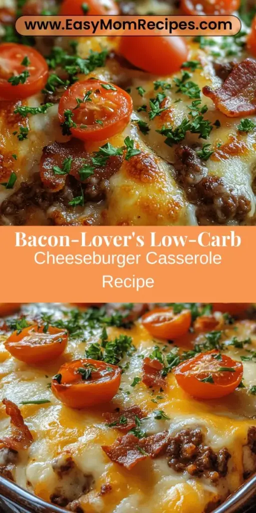 Indulge in the mouthwatering Bacon-Lover's Low-Carb Cheeseburger Casserole, a great comfort food that satisfies cravings without the carbs. Featuring hearty ingredients like grass-fed beef, savory bacon, cheese, and colorful bell peppers, this easy-to-make dish is ideal for low-carb lifestyles. Perfect for weeknight dinners, this flavorful casserole combines rich flavors and nutritious options, ensuring a delicious meal that aligns with your dietary goals. Enjoy the warmth and satisfaction it brings to the table!