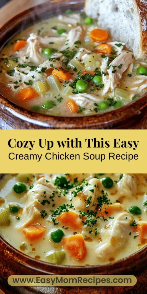 Warm up with this delicious recipe for Easy Creamy Chicken Soup, the ultimate comfort food. Packed with wholesome ingredients like tender chicken, fresh vegetables, and a rich creamy base, this soup is sure to soothe your soul. Explore fun variations, health benefits, and expert tips for perfecting your soup-making skills. Ideal for chilly evenings or family gatherings, discover how to create your own cozy delight today! #ChickenSoup #ComfortFood #SoupRecipe #CozyCooking #HealthyEating