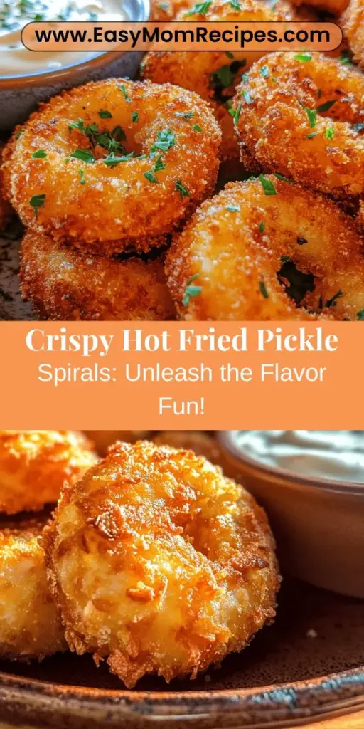 Discover the mouthwatering delight of Crispy Hot Fried Pickle Spirals! This fun twist on traditional fried pickles features crunchy, spiral-shaped pickles coated in seasoned flour, egg, and panko breadcrumbs, perfectly fried to golden perfection. Ideal for parties or game days, these crispy snacks pair beautifully with ranch dressing for dipping. Dive into this easy recipe for a flavorful and addictive treat! #FriedPickles #SnackRecipe #Appetizer #Foodie #Yummy #CrispySnacks #PartyFood