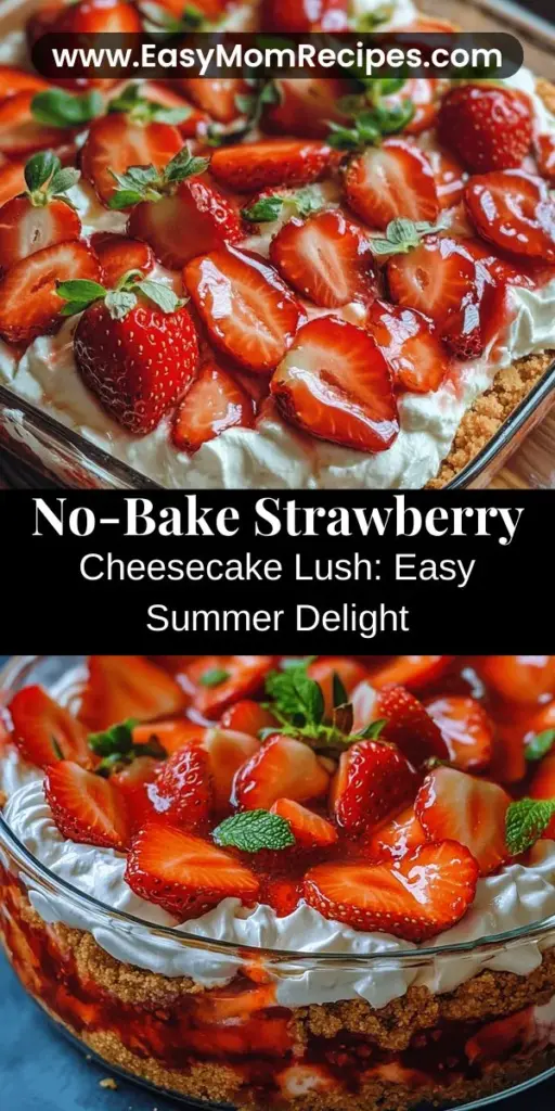 Discover the perfect addition to your dessert lineup with this No-Bake Strawberry Cheesecake Lush Dessert. Combining creamy cheesecake layers with fresh strawberries and a crunchy graham cracker crust, this treat is as easy to prepare as it is delightful to eat. Ideal for warm weather or gatherings, it requires no baking and minimal effort, making it accessible for cooks of all levels. Impress your friends and family with this visually stunning and delicious dessert!