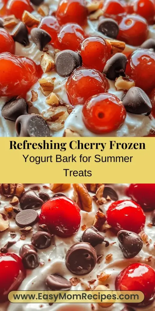 Looking for a refreshing treat that's both delicious and nutritious? Try this Best Cherry Frozen Yogurt Bark! Made with creamy Greek yogurt, fresh cherries, and your choice of sweetener, this easy recipe is perfect for hot summer days or as a light dessert. Customize it with nuts or dark chocolate for added fun. Ideal for family snacks or gatherings, this treat is not just satisfying, it's also packed with vitamins and protein. #FrozenYogurtBark #HealthyTreats #CherryDessert #YogurtLove #SummerSnacks #HealthyDessert