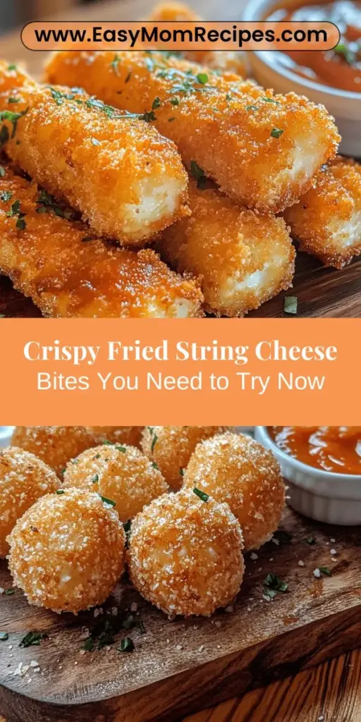 Indulge your cheesy cravings with Crispy Fried String Cheese Bites! These delicious snacks combine the gooey goodness of string cheese with a crunchy, golden coating, making them perfect for any occasion. Easy to prepare and customizable, they can be paired with a variety of dipping sauces like marinara or ranch for an extra flavor boost. Impress your guests or enjoy a cozy night in with this cheesy delight! #CheeseLovers #SnackIdeas #FriedCheese #Appetizers #YummyTreats #FoodieFavorites