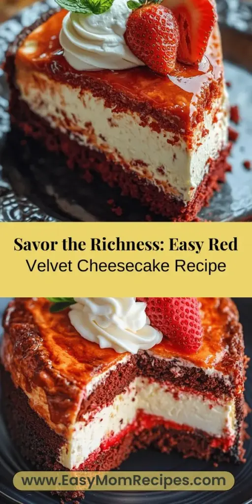 Satisfy your sweet cravings with this indulgent Red Velvet Cheesecake recipe that blends classic flavors into a stunning dessert! The rich red velvet cake layered with creamy cheesecake creates a unique and delightful treat perfect for any occasion. Learn the tips for baking, layering, and garnishing this showstopper that is sure to impress your guests. Discover the joy of baking and make your special moments even sweeter! #RedVelvetCheesecake #DessertLovers #BakingJoy #SweetTooth #HomemadeTreats