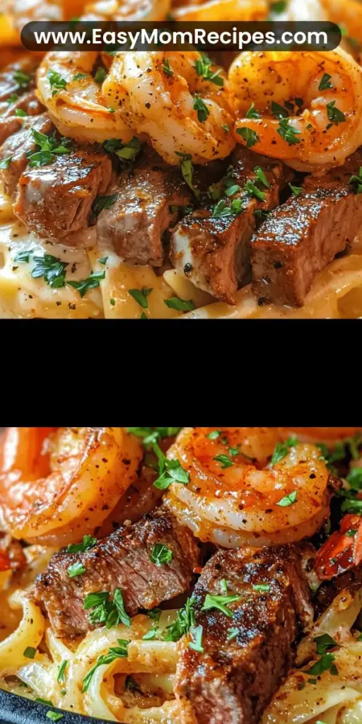Indulge in the rich and spicy flavors of Cajun Shrimp & Steak Alfredo! This comforting dish combines succulent shrimp and tender steak in a creamy Alfredo sauce, all tossed with fettuccine pasta. With the perfect balance of Cajun seasoning and fresh ingredients, every bite is an adventure. Impress your loved ones or treat yourself to a flavorful culinary experience that celebrates the vibrant essence of Cajun cuisine. #CajunShrimp #AlfredoPasta #ComfortFood #DinnerIdeas #Foodie
