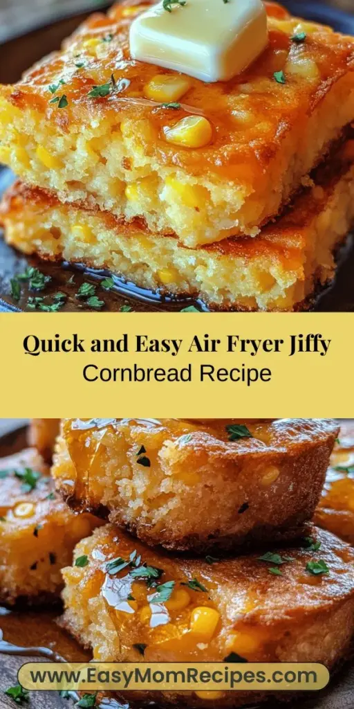 Discover a quick and simple twist on a classic favorite with this Easy Air Fryer Jiffy Cornbread recipe! Perfect for both seasoned cooks and beginners, this recipe utilizes Jiffy Corn Muffin Mix to deliver that signature warm, comforting texture in just 20 minutes. Enjoy a golden-brown cornbread that pairs beautifully with stews, barbecues, and more—all made effortlessly in your air fryer. Dive into the deliciousness and customize it with your favorite ingredients!