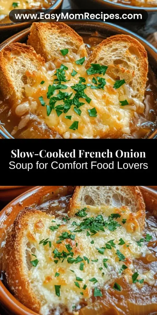 Discover the rich, comforting flavors of Savory Slow-Cooked French Onion Delight! This easy recipe captures the essence of traditional French onion soup with slow-cooked caramelized onions, a hearty broth, and gooey cheese. Perfect for busy days, this dish warms hearts and fills stomachs. Serve it in individual ramekins or a communal bowl for a delightful meal. Try it today and indulge in this timeless classic! #FrenchOnionSoup #SlowCookerRecipes #ComfortFood #HomeCooking #Foodie