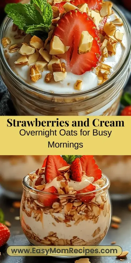 Start your morning off right with Strawberries & Cream Overnight Oats Delight! This quick and nutritious breakfast combines rolled oats, fresh strawberries, Greek yogurt, and a hint of sweetness to create a creamy and satisfying meal. Perfect for busy lifestyles, simply prepare it the night before and enjoy a wholesome breakfast without the morning hassle. Discover the health benefits and customizable options that make this recipe a delicious game-changer for your morning routine.