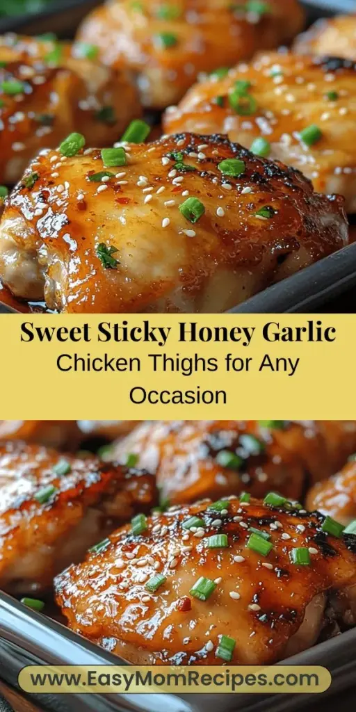Sweet and Sticky Honey Garlic Chicken Thighs are the perfect dish to wow your guests or elevate your weeknight dinners. This flavorful recipe combines rich honey, savory soy sauce, and aromatic garlic to create a delicious glaze that clings to juicy chicken thighs. It’s easy to prepare and suitable for any occasion, making it a universal favorite for both kids and adults. Enjoy it with sides like steamed rice or fresh vegetables for a complete meal that everyone will love. Don't miss the chance to impress with this delightful recipe!