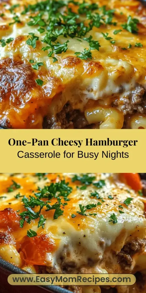 Looking for a comforting meal that's quick and easy to make? Try this Cheesy Hamburger Casserole! Bursting with seasoned ground beef, creamy cheese, and tender pasta, it's perfect for busy weeknights or family gatherings. With simple ingredients and customizable options, everyone at your table will be satisfied. Discover its origins, get step-by-step instructions, and explore delicious variations! #CheesyCasserole #FamilyDinner #ComfortFood #EasyRecipes #OnePanMeals