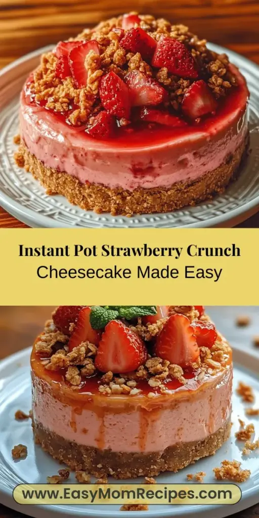 Indulge in the delightful flavors of spring with this Instant Pot Strawberry Crunch Cheesecake. This easy-to-make dessert features a creamy cheesecake base infused with fresh strawberries, all atop a buttery graham cracker crust. Topped with a crunchy blend of freeze-dried strawberries and granola, each bite is a perfect balance of sweetness and texture. Ideal for gatherings or a personal treat, this cheesecake will impress guests and satisfy your sweet tooth while showcasing the versatility of your Instant Pot!