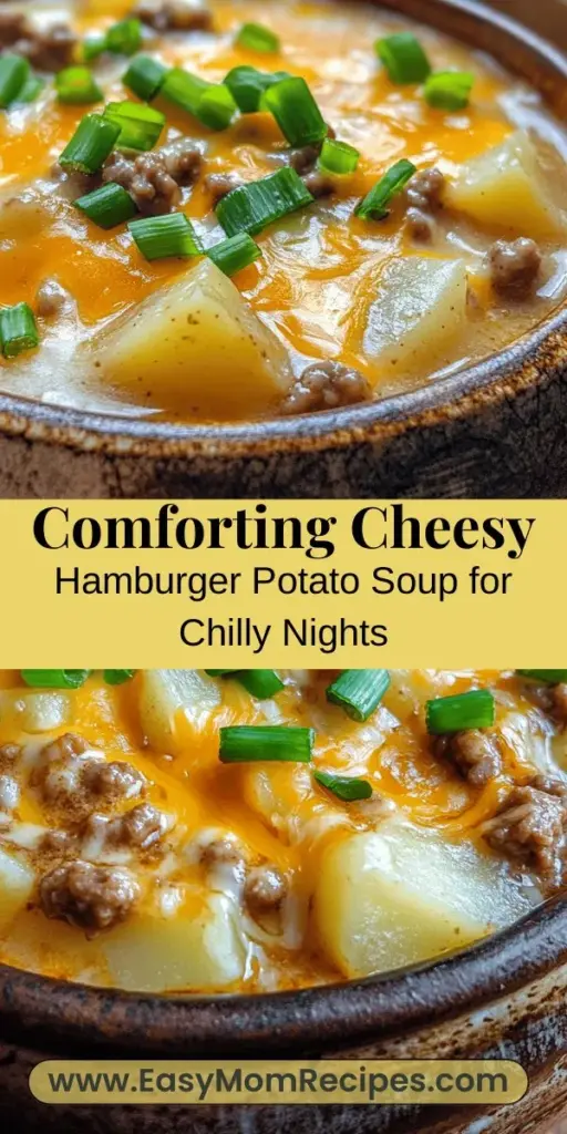 Discover the warmth and comfort of Cheesy Hamburger Potato Soup, a heartwarming dish perfect for chilly nights. This easy-to-make recipe combines savory ground beef, creamy potatoes, and gooey cheese, creating a delicious meal the whole family will love. With options for personalization, this soup adapts to your needs, making it a go-to staple. Enjoy a comforting bowl of goodness that not only fills your belly but also warms your soul. Perfect for family gatherings or cozy dinners at home!