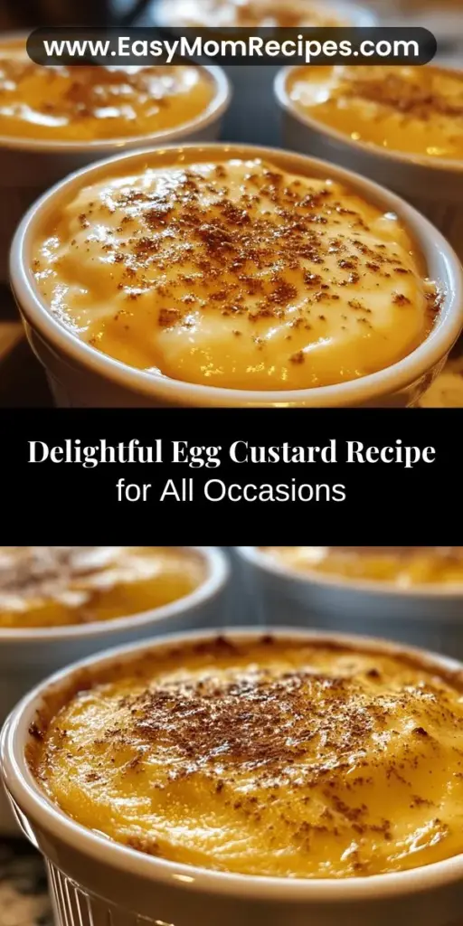 Discover the timeless charm of Creamy Dreamy Egg Custard— a simple yet indulgent dessert that delights with its rich, velvety texture. Perfect for any occasion, this custard can be enjoyed warm or chilled, allowing you to evoke fond memories at family gatherings or dinner parties. With just a few high-quality ingredients, including eggs, milk, and vanilla, you can easily create a comforting treat that's versatile enough for anyone's palate. Experience the joy of baking with this classic recipe!