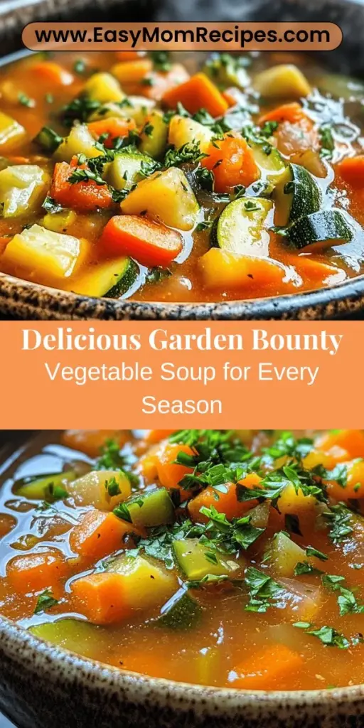 Discover the nourishing goodness of Garden Bounty Vegetable Soup, a simple yet flavorful way to incorporate fresh, seasonal vegetables into your diet. This customizable recipe allows you to use whatever produce is on hand, promoting healthy eating while supporting local farming. Packed with vitamins and minerals, this homemade soup is not only delicious but also low-calorie and fiber-rich. Gather your ingredients and enjoy a warm, comforting bowl that celebrates the best of nature's harvest!