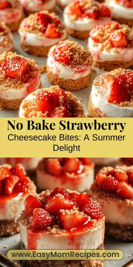 Beat the summer heat with these delightful no-bake strawberry cheesecake bites! Perfectly creamy and bursting with fresh strawberry flavors, these bites are a quick and easy dessert option that requires no oven. Made with simple ingredients like cream cheese, graham cracker crumbs, and ripe strawberries, they’re ideal for gatherings or a sweet treat at home. Whip them up in no time and enjoy a refreshing dessert that everyone will love!