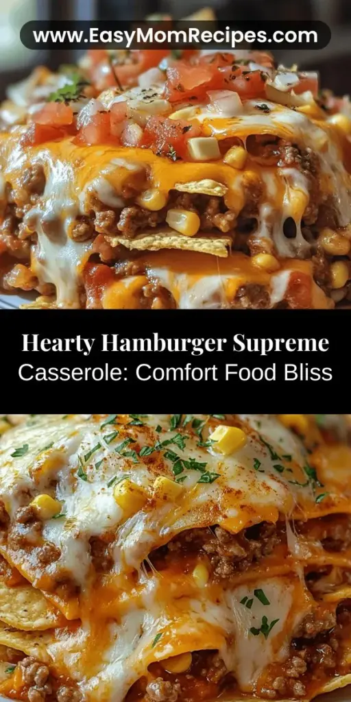 Discover the ultimate comfort food with Hamburger Supreme Casserole, a delicious one-dish meal perfect for any family gathering or busy weeknight. This hearty casserole features layers of savory ground beef, aromatic vegetables, gooey cheese, and crunchy tortilla chips, offering a satisfying contrast of flavors and textures. Easy to customize for various dietary needs, this recipe is bound to become a favorite. Gather your ingredients and enjoy the warm, inviting aroma of this delightful dish as it bakes to golden perfection!