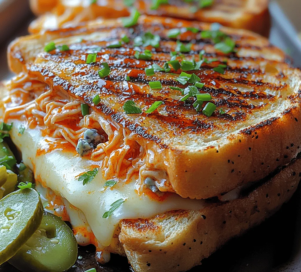 Grilled cheese sandwiches have transcended generations, standing the test of time as one of America’s favorite comfort foods. The combination of warm, melty cheese sandwiched between two slices of crispy bread is an unbeatable delight that can evoke nostalgia and warmth. In recent years, culinary creativity has led to a surge in the trend of infusing bold flavors into traditional recipes, turning simple dishes into gourmet experiences. One such innovative creation is the <strong>Buffalo Bliss Grilled Cheese</strong>, a tantalizing fusion of classic grilled cheese and the fiery kick of buffalo chicken.” /></p>
</p>
<h2>Step-by-Step Instructions for Buffalo Bliss Grilled Cheese</h2>
</p>
<p>Creating the perfect Buffalo Bliss Grilled Cheese requires attention to detail at each stage of the cooking process. With its bold flavors and delightful textures, this grilled cheese will quickly become a favorite. Follow these in-depth instructions to ensure your sandwich turns out deliciously every time.</p>
</p>
<h3>Preparing the Chicken Mixture</h3>
</p>
<p>1. <strong>Cook the Chicken</strong>: Start by cooking your chicken breast. You can grill, bake, or sauté the chicken until it’s fully cooked (internal temperature should reach 165°F). Once cooked, let it rest for a few minutes before shredding or chopping.</p>
</p>
<p>2. <strong>Flavor Balance</strong>: To achieve the right flavor balance, combine the shredded chicken with Buffalo sauce in a mixing bowl. Use about ½ cup of Buffalo sauce for every 2 cups of shredded chicken. For an added kick, consider mixing in a tablespoon of ranch dressing or blue cheese crumbles. This will help temper the heat while adding creaminess.</p>
</p>
<p>3. <strong>Mix Thoroughly</strong>: Ensure the chicken is evenly coated with the sauce. For a smooth consistency, you might want to use a fork to break up any larger pieces of chicken. This not only enhances the overall texture but also allows the flavors to meld beautifully.</p>
</p>
<h3>Assembling the Sandwich</h3>
</p>
<p>1. <strong>Choosing Your Bread</strong>: Select a hearty bread that can hold up to the fillings. Sourdough, ciabatta, or a thick-cut white bread are excellent choices.</p>
</p>
<p>2. <strong>Layering Techniques</strong>: Start by spreading a layer of butter on one side of each slice of bread. On the non-buttered side, place a generous amount of shredded cheese. Use a combination of cheeses for depth of flavor; a blend of sharp cheddar and Monterey Jack works wonderfully.</p>
</p>
<p>3. <strong>Add the Chicken Mixture</strong>: Spoon the Buffalo chicken mixture over one slice of cheese, then top it with another layer of cheese. This helps the top slice stick together and provides a melty texture when grilled.</p>
</p>
<p>4. <strong>Top with the Second Slice</strong>: Place the second slice of bread on top, buttered side facing up. Ensure that everything is neatly stacked, as this will affect the sandwich’s structural integrity when grilling.</p>
</p>
<h3>Buttering and Heating the Skillet</h3>
</p>
<p>1. <strong>Preheat Your Skillet</strong>: Heat a non-stick skillet or griddle over medium heat. Allow it to preheat for about 2-3 minutes before adding the sandwich. This step is crucial; too high a temperature may burn the bread while leaving the cheese unmelted.</p>
</p>
<p>2. <strong>Butter Application</strong>: If you prefer, you can use mayonnaise instead of butter for an extra crispy finish. Spread a thin layer on the outer sides of the sandwich.</p>
</p>
<h3>Grilling the Sandwich</h3>
</p>
<p>1. <strong>Placement in Skillet</strong>: Place the sandwich carefully in the heated skillet. Press down lightly with a spatula to ensure good contact with the pan, which promotes even browning.</p>
</p>
<p>2. <strong>Cooking Time</strong>: Grill the sandwich for about 3-4 minutes on the first side. Keep an eye on the heat; if it’s browning too quickly, reduce the temperature slightly.</p>
</p>
<p>3. <strong>Flip with Care</strong>: Once the first side is golden brown and crispy, gently flip the sandwich. Cook the second side for another 3-4 minutes. Check for melted cheese by gently pressing down on the sandwich; if it oozes out, it’s ready!</p>
</p>
<h3>Final Touches</h3>
</p>
<p>1. <strong>Resting</strong>: After grilling, allow the sandwich to rest for a minute. This helps the cheese set slightly, making it easier to cut and reducing the risk of it spilling out.</p>
</p>
<p>2. <strong>Garnish for Presentation</strong>: Cut the sandwich diagonally for a classic presentation. Serve it with a sprinkle of fresh herbs, such as chopped chives or parsley, for an extra pop of color.</p>
</p>
<h2>Serving Suggestions and Pairings</h2>
</p>
<p>The Buffalo Bliss Grilled Cheese can be enjoyed as a hearty meal or a satisfying snack. Here are some ideas to enhance your dining experience:</p>
</p>
<h3>Meal Ideas</h3>
<p>– <strong>Standalone Meal</strong>: Serve the grilled cheese on its own for a quick lunch or dinner option.</p>
<p>– <strong>Snack Time</strong>: Cut the sandwich into smaller pieces for an appetizer or game-day snack.</p>
</p>
<h3>Side Dishes</h3>
<p>– <strong>Crisp Salad</strong>: Pair your sandwich with a refreshing side salad dressed in a light vinaigrette. The crispness of the greens provides a nice contrast to the richness of the sandwich.</p>
<p>– <strong>Sweet Potato Fries</strong>: The sweetness of sweet potato fries complements the spicy Buffalo chicken, creating a balanced meal.</p>
</p>
<h3>Beverage Pairings</h3>
<p>– <strong>Craft Beer</strong>: A hoppy IPA or a crisp lager pairs wonderfully with the spicy flavors of the sandwich.</p>
<p>– <strong>Refreshing Sodas</strong>: For a non-alcoholic option, consider serving with a tangy lemon-lime soda or iced tea to cleanse the palate.</p>
</p>
<h2>Nutritional Insights</h2>
</p>
<p>Understanding the nutritional content of your Buffalo Bliss Grilled Cheese can help you make informed choices:</p>
</p>
<p>1. <strong>Overview of Nutritional Content</strong>: A typical serving of this sandwich contains a good mix of protein, carbohydrates, and fats. The chicken provides ample protein, while the cheese contributes calcium and flavor.</p>
</p>
<p>2. <strong>Balance of Nutrients</strong>: The combination of shredded chicken and cheese creates a satisfying, hearty meal. On average, each sandwich can contain approximately 500-600 calories, depending on the specific ingredients used.</p>
</p>
<p>3. <strong>Modifications for Dietary Preferences</strong>:</p>
<p>– <strong>Low-Fat Options</strong>: Use low-fat cheese or reduced-fat mayonnaise to cut down on calories and fat content without sacrificing flavor.</p>
<p>– <strong>Gluten-Free Bread</strong>: Substitute regular bread with gluten-free options to accommodate dietary restrictions without losing the essence of this tasty sandwich.</p>
</p>
<h2>Conclusion</h2>
</p>
<p>Buffalo Bliss Grilled Cheese is a delightful fusion of classic comfort food with a spicy twist, making it perfect for a variety of occasions—from a casual lunch to a lively game day gathering. With its layers of flavor and satisfying crunch, this sandwich is sure to impress.</p>
</p>
<p>Encourage your creativity by experimenting with different cheeses or adding additional toppings like jalapeños or pickles. The beauty of this recipe lies in its versatility, allowing you to make it your own while enjoying the comforting essence of grilled cheese. So gather your ingredients and get ready to indulge in a deliciously unique culinary experience!</p>
</div>