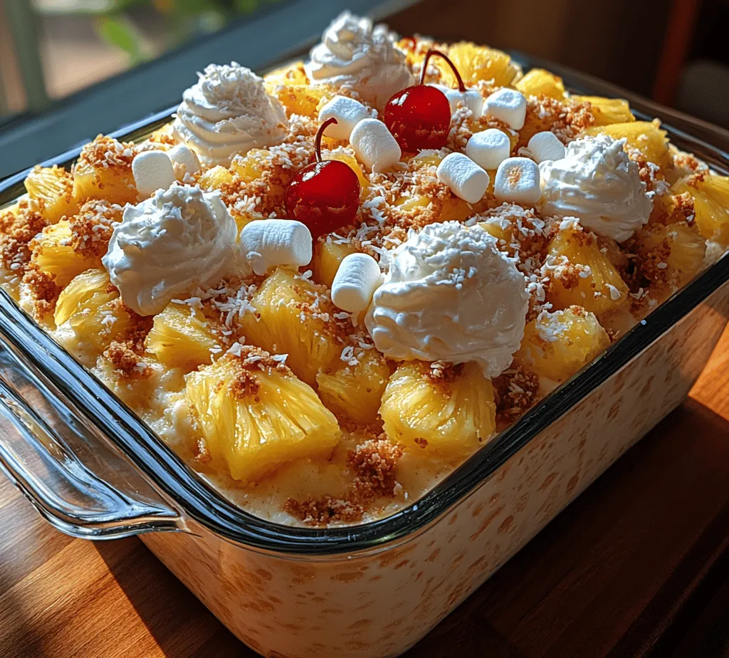 As the days grow warmer and the sun shines brighter, the allure of no-bake desserts becomes increasingly irresistible. These delightful treats offer a refreshing escape from the heat, allowing you to indulge in sweet flavors without the hassle of turning on the oven. Among the myriad of no-bake options, <strong>Pineapple Cloud Delight</strong> stands out as a light and refreshing dessert that is perfect for gatherings, picnics, or simply enjoying on a warm afternoon.” /></p>
</p>
<h3>Preparing the Base</h3>
</p>
<p>To create the delicious base for your Pineapple Cloud Delight, you’ll start by combining fresh pineapple with instant pudding mix. Begin by chopping your pineapple into small, bite-sized pieces. If using fresh pineapple, ensure it’s ripe for the best flavor, as this will enhance the overall sweetness of your dessert. If you’re using canned pineapple, make sure to drain it well to avoid excess moisture that can lead to a soggy base.</p>
</p>
<p>In a large mixing bowl, combine the chopped pineapple with the instant pudding mix. Use a whisk to combine the two ingredients thoroughly. It’s important to mix until there are no visible clumps of pudding mix, as this will ensure a smooth texture. Gradually add cold milk according to the pudding package instructions, usually about 2 cups for a standard box. Continue whisking until the mixture begins to thicken, which typically takes about 2-3 minutes. The right consistency should be thick but still pourable. If the mixture is too thick, add a bit more milk until you reach a creamy, smooth texture. Setting this base aside will allow it to continue thickening while you prepare the whipped cream.</p>
</p>
<h3>Whipping the Cream</h3>
</p>
<p>Next, you’ll whip the cream to create that airy texture that makes Pineapple Cloud Delight so delightful. Start with cold heavy whipping cream; the temperature of your bowl also plays a critical role here. Place your mixing bowl and beaters in the freezer for about 10-15 minutes before whipping. This helps the cream whip faster and achieve greater volume.</p>
</p>
<p>Pour the chilled heavy cream into the cold bowl, and begin to whip it on medium speed. As you whip, keep an eye on the cream. Initially, it will start to froth. Continue whipping until you see soft peaks forming, which means the cream holds a slight shape but will still droop over. For stiffer peaks, increase the speed and whip until the cream stands upright but is not over-whipped, as this can lead to butter formation. Soft peaks are ideal for this recipe, as they blend more easily with the pudding mixture without losing their airy quality.</p>
</p>
<h3>Combining Mixtures</h3>
</p>
<p>Once the whipped cream is ready, it’s time to combine it with your pudding base. It’s essential to use a gentle folding technique to maintain the lightness of the whipped cream. Start by taking a small amount of the whipped cream and adding it to the pineapple and pudding mixture. Stir it in gently to lighten the pudding base before folding in the remaining whipped cream. Use a rubber spatula to scoop from the bottom and fold over the top, turning the bowl as you go. This method helps retain air in the whipped cream, keeping your dessert fluffy.</p>
</p>
<p>Be patient while folding; it may take a minute or two to fully incorporate the whipped cream into the pudding mixture without deflating it. The end result should be a light and airy mixture that retains some volume, ready for the next step.</p>
</p>
<h3>Incorporating Extras</h3>
</p>
<p>To elevate the flavors and add textures to Pineapple Cloud Delight, incorporate mini marshmallows, shredded coconut, and chopped nuts into the mixture. These ingredients not only enhance the flavor but also provide delightful contrasts in texture. Aim to use about a cup each of mini marshmallows and shredded coconut, along with half a cup of finely chopped nuts, such as pecans or walnuts.</p>
</p>
<p>When adding these extras, sprinkle them evenly over the mixture and fold them in gently, ensuring an even distribution without losing the fluffiness of the dessert. The marshmallows provide a chewy component, while the coconut adds a tropical flair and a slight crunch from the nuts will enhance the overall mouthfeel. Adjust the quantities based on your personal preference; feel free to add more or less of any ingredient.</p>
</p>
<h3>Chilling for Flavor Development</h3>
</p>
<p>After combining all the ingredients, transfer your Pineapple Cloud Delight into a serving dish or individual cups. Cover it with plastic wrap or a lid to prevent any unwanted chilling odors from affecting the flavors. The chilling process is crucial, as it allows the flavors to meld beautifully while the dessert sets. Ideally, you should refrigerate it for at least 2 hours, but letting it chill overnight will yield the best flavor development.</p>
</p>
<p>During this time, the pudding will firm up, and the flavors will blend harmoniously, creating a refreshing and cohesive dessert experience. It’s a perfect treat to prepare in advance for parties or family gatherings.</p>
</p>
<h3>Serving Suggestions</h3>
</p>
<p>When it comes to serving Pineapple Cloud Delight, presentation is key. To create a visually appealing dessert, consider garnishing it with additional whipped cream on top, a sprinkle of toasted coconut, or a few pineapple chunks for a pop of color. If you’ve used individual cups, place them on a decorative platter to create a beautiful dessert table.</p>
</p>
<p>For portions, a standard serving size is about half a cup, which is just enough to satisfy your sweet tooth without overwhelming your guests. You can also serve it in a large bowl, allowing everyone to scoop out their desired portion. This arrangement works well for casual gatherings, while individual servings are ideal for more formal settings.</p>
</p>
<h3>Nutritional Information</h3>
</p>
<p>Understanding the nutritional value of your Pineapple Cloud Delight is essential, especially if you’re mindful of dietary choices. A typical serving (approximately ½ cup) of this dessert contains around 200 calories, 10 grams of fat, 28 grams of carbohydrates, and 2 grams of protein. The fat content primarily comes from the heavy cream, while the carbohydrates are mainly from the pineapple and pudding mix.</p>
</p>
<p>Using fresh pineapple instead of canned can reduce sugar content and increase vitamins, while moderation in toppings enhances health aspects. By incorporating ingredients like unsweetened coconut or reducing the amount of sugar in the pudding mix, you can make this dessert even healthier without sacrificing flavor.</p>
</p>
<h3>Variations and Customizations</h3>
</p>
<p>One of the best aspects of Pineapple Cloud Delight is its versatility. Here are some ideas for customizing this dessert to suit various dietary preferences or flavor profiles:</p>
</p>
<p>– <strong>Dairy-Free Options</strong>: For a dairy-free version, substitute heavy cream with canned coconut cream, which whips beautifully and adds a tropical flavor. Ensure that the pudding mix is also dairy-free, as some brands contain milk-derived ingredients.</p>
</p>
<p>– <strong>Flavor Variations</strong>: Experiment with different fruits by swapping pineapple for mango, peaches, or berries. You can also use flavored pudding mixes, such as coconut or vanilla, to introduce new flavor profiles to your dessert.</p>
</p>
<p>– <strong>Adjusting Sweetness and Texture</strong>: If you prefer a less sweet dessert, try reducing the amount of pudding mix or replacing it with a sugar-free version. You can also add more fresh fruit to enhance the overall sweetness naturally, reducing the need for added sugars.</p>
</p>
<h3>Conclusion</h3>
</p>
<p>Pineapple Cloud Delight is a refreshing and delightful dessert that is sure to impress at any gathering. Its combination of fresh pineapple, fluffy whipped cream, and the sweetness of marshmallows creates a tropical experience that’s both light and satisfying. Whether you’re serving it at a summer barbecue, a holiday get-together, or simply as a sweet treat after dinner, this dessert is versatile enough for any occasion.</p>
</p>
<p>The ease of preparation makes it an ideal choice for both novice and experienced cooks. With its beautiful presentation and delightful flavor, Pineapple Cloud Delight is bound to become a staple in your dessert repertoire. So gather your ingredients, whip up this airy dessert, and enjoy the refreshing taste of Pineapple Cloud Delight with family and friends.</p>
</div>