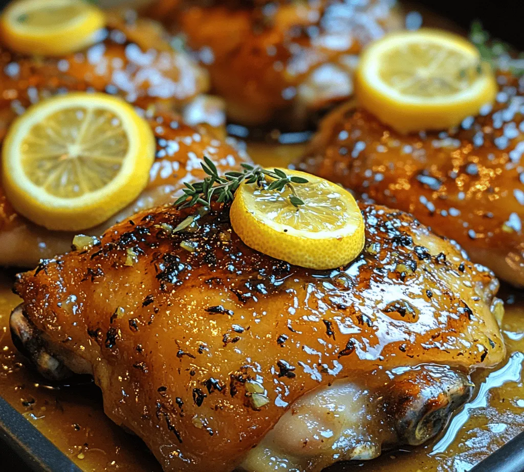If you're searching for a dish that embodies the vibrancy of citrus while delivering a succulent flavor experience, look no further than <strong>Candied Lemon Chicken Thighs</strong>. This recipe artfully combines the natural richness of chicken thighs with the bright, zesty notes of fresh lemons, offering a delightful balance of sweetness and acidity that is sure to tantalize your taste buds. Perfect for weeknight dinners or special occasions, these chicken thighs are not only visually stunning but also incredibly satisfying, making them a standout dish that you’ll want to prepare time and time again.” /></p>
</p>
<h2>Preheating the Oven</h2>
</p>
<p>Preheating the oven is a crucial step in the cooking process, especially when it comes to baking dishes like Candied Lemon Chicken Thighs. The importance of setting your oven to the correct temperature cannot be overstated as it ensures even cooking throughout the dish. When the oven is preheated, it allows for the right amount of heat to circulate, which is essential for achieving that perfect caramelization and crispy skin on the chicken.</p>
</p>
<p>For this recipe, preheat your oven to 375°F (190°C). This temperature is ideal for baking chicken thighs, allowing the meat to cook thoroughly while the marinade caramelizes, enhancing the overall flavor profile. A properly preheated oven will help create that lovely golden crust on the outside while keeping the inside juicy and tender.</p>
</p>
<h2>Searing the Chicken</h2>
</p>
<p>Once your oven is preheated, it’s time to prepare the chicken thighs for baking. Searing is a cooking technique that involves browning the meat in a hot pan, typically with a bit of oil. This process is vital for developing flavor through caramelization. When the chicken thighs hit the hot skillet, the surface proteins react with the heat, creating a rich, golden-brown crust that enhances the dish’s overall taste.</p>
</p>
<p>To achieve crispy skin, start by patting the chicken thighs dry with a paper towel. Moisture is the enemy of crispiness, so this step is essential. Season the chicken thighs generously with salt and pepper to enhance their flavor. Heat a tablespoon of olive oil in a large, oven-safe skillet over medium-high heat. Once the oil is shimmering, carefully place the chicken thighs skin-side down into the skillet. Allow them to sear for about 5-7 minutes without moving them, until the skin is golden brown and crispy. After searing, flip the chicken thighs and sear the other side for an additional 3-4 minutes.</p>
</p>
<h2>Adding and Baking with the Marinade</h2>
</p>
<p>After searing, it’s time to add the marinade. Pour the previously prepared candied lemon marinade over the chicken thighs in the skillet, ensuring that every piece is well-coated. The mixture of sweet and tangy flavors will seep into the chicken as it bakes, infusing it with a delightful taste. It’s important to simmer the marinade for a few minutes before adding it to the chicken, as this helps to activate the flavors and thicken the sauce slightly.</p>
</p>
<p>Once the chicken is coated, transfer the skillet to your preheated oven. Bake for approximately 25-30 minutes, or until the chicken reaches an internal temperature of 165°F (74°C). During the baking process, keep an eye on the chicken to ensure it does not dry out. If the chicken appears to be browning too quickly, you can loosely cover it with aluminum foil to prevent over-browning.</p>
</p>
<h2>Finishing Touches</h2>
</p>
<h3>Glazing the Chicken</h3>
</p>
<p>To create a beautiful caramelized finish, the broiling step is crucial. After the chicken thighs have baked, switch your oven to the broil setting. Broil the chicken for an additional 2-3 minutes, keeping a close watch to prevent burning. This step enhances the texture and flavor by creating a glossy, sticky glaze on the chicken thighs, making them even more irresistible.</p>
</p>
<h3>Resting the Chicken</h3>
</p>
<p>Once the chicken is finished broiling, remove it from the oven and let it rest for about 5-10 minutes before serving. Resting is a vital part of the cooking process as it allows the juices to redistribute throughout the meat. Cutting into the chicken immediately can result in dry, less flavorful meat. By allowing it to rest, you ensure that each bite remains juicy and tender.</p>
</p>
<h2>Serving Suggestions</h2>
</p>
<p>Candied Lemon Chicken Thighs are a versatile dish that pairs beautifully with various sides. Here are some suggested side dishes that will complement the sweet and citrusy flavors of the chicken:</p>
</p>
<p>1. <strong>Rice</strong>: Fluffy jasmine or basmati rice makes an excellent base for the chicken, soaking up the delicious lemon glaze. For added flavor, consider cooking the rice in chicken broth or adding a touch of lemon zest.</p>
</p>
<p>2. <strong>Roasted Vegetables</strong>: A medley of seasonal roasted vegetables, such as Brussels sprouts, carrots, and asparagus, can add color and nutrition to your plate. Toss them in a little olive oil, salt, and pepper before roasting to enhance their natural sweetness.</p>
</p>
<p>3. <strong>Fresh Salads</strong>: A crisp salad with mixed greens, avocado, and a light vinaigrette balances the dish beautifully. Incorporating citrus elements, like orange segments or a citrus vinaigrette, can echo the flavors of the chicken.</p>
</p>
<h3>Presentation Tips</h3>
</p>
<p>For an appealing presentation, arrange the chicken thighs on a large serving platter, drizzling any remaining glaze from the skillet over the top. Garnish with fresh herbs, such as parsley or thyme, for a burst of color and freshness. Serve alongside your chosen sides for a beautiful and inviting meal.</p>
</p>
<h2>Nutritional Information</h2>
</p>
<p>Candied Lemon Chicken Thighs are not only delicious but also nutritious. Chicken thighs provide a good source of protein, essential for muscle growth and repair. The inclusion of fresh lemons adds a burst of vitamin C, which supports the immune system and skin health. Olive oil contributes healthy fats, promoting heart health and aiding in nutrient absorption.</p>
</p>
<p>For those with dietary restrictions, this recipe can be easily adjusted. If you’re looking to reduce fat content, consider using skinless chicken thighs or chicken breasts instead. For a gluten-free option, ensure that all ingredients, especially the marinade, are free from gluten-containing components. The recipe is naturally low in carbohydrates, making it suitable for various dietary preferences.</p>
</p>
<h2>Conclusion</h2>
</p>
<p>In summary, Candied Lemon Chicken Thighs are a delightful dish that combines the brightness of citrus with the rich flavor of succulent chicken. This recipe is not only easy to prepare but also delivers a stunning meal that will impress family and friends alike. With a few simple steps—preheating the oven, searing the chicken, adding the marinade, and glazing the final product—you can create a flavorful experience that highlights the sweet and tangy notes of lemon.</p>
</p>
<p>Encourage your readers to try this recipe and explore the delightful combination of flavors in their own kitchens. The ease of preparation and the satisfying outcome make this dish a fantastic choice for weeknight dinners or special occasions. Enjoy the sweet citrus delight of Candied Lemon Chicken Thighs and savor every bite!</p>
</div>