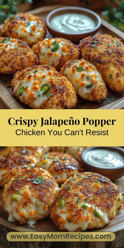 Discover a flavorful twist on dinner with this Crispy Jalapeño Popper Chicken recipe. Combining the heat of jalapeños with creamy cheese stuffed in tender chicken breasts, this dish promises to please any palate. Ideal for both weeknight meals and entertaining guests, it features a crunchy panko coating that elevates each bite. Easy to prepare and versatile, this recipe will quickly become a family favorite. Enjoy impressing everyone at your table!