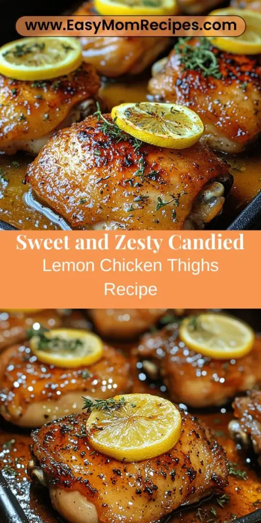 Discover the bright and flavorful world of Candied Lemon Chicken Thighs. This delicious recipe combines succulent chicken with a zesty lemon marinade that perfectly balances sweetness and acidity. Ideal for both weeknight meals and special occasions, each bite promises a tender, juicy experience enhanced by hints of garlic and fresh thyme. With simple ingredients and easy steps, you'll create a stunning dish that impresses everyone at your table. Enjoy the sweet citrus delight!