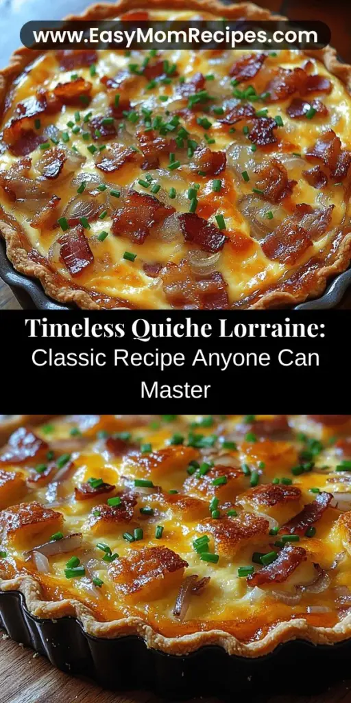 Discover the timeless delight of Quiche Lorraine, a classic French dish that brings together creamy custard, crispy bacon, and sautéed onions in a flaky pie crust. Perfect for any occasion, this savory quiche is easy to make at home with simple ingredients like eggs, cream, and cheese. Explore its rich history, learn essential cooking techniques, and find tips for creating your own delicious variations. Impress guests at brunch or enjoy a cozy dinner with this versatile recipe.