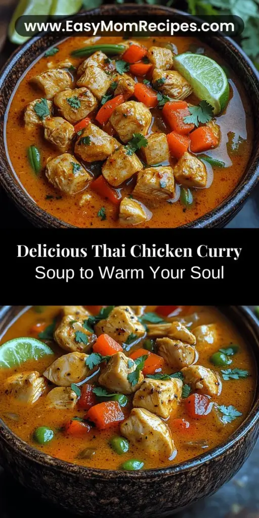 Discover the delightful world of Thai Chicken Curry Soup, a heartwarming dish that captures the essence of Thai cuisine. This flavorful soup combines tender chicken thighs, creamy coconut milk, and an array of fresh vegetables to create a comforting meal that's both nutritious and satisfying. With aromatic spices like garlic and ginger, plus the unique heat of red curry paste, each bowl offers a wonderful balance of sweet, savory, and spicy notes. Perfect for any occasion, this soup is just as enjoyable on a cozy night in as it is on a warm day. Explore the joys of making this soup at home while embracing the vibrant flavors of Thailand.