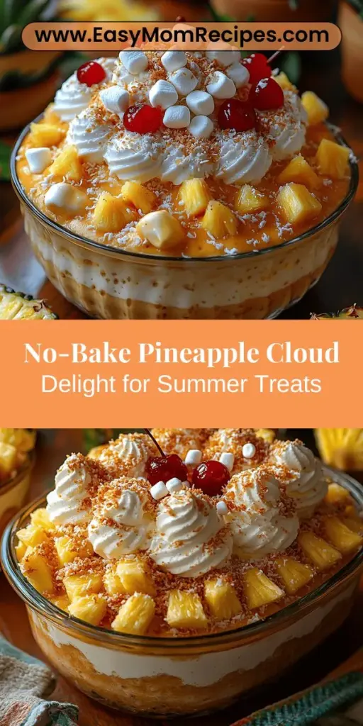 Discover the refreshing delight of Pineapple Cloud Delight, a no-bake dessert perfect for warm days and gatherings. This airy treat combines creamy coconut, sweet crushed pineapple, and fluffy whipped cream for an uplifting tropical experience. With minimal effort and a beautiful presentation, it's an ideal addition to summer barbecues or family picnics. Elevate your dessert game with this easy recipe and enjoy every spoonful of its luscious layers and vibrant flavors.
