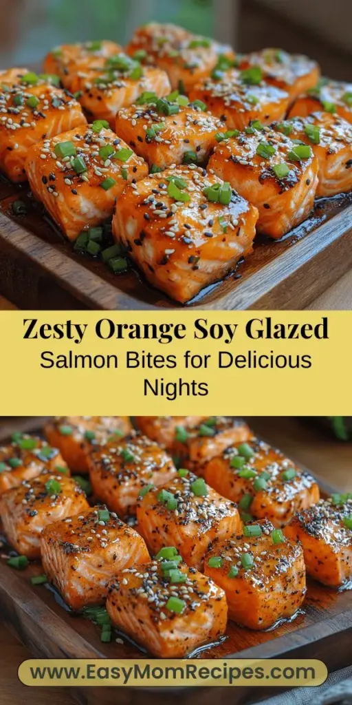 Discover the vibrant flavors of Zesty Orange Soy Glazed Salmon Bites with this easy recipe! Tender salmon pieces are coated in a delicious blend of zesty orange juice and savory soy sauce, creating a mouthwatering glaze that's perfect for appetizers or quick weeknight dinners. Packed with protein and omega-3s, these bites are not only tasty but healthy too. Impress your guests or enjoy a nutritious meal at home with this delightful dish that’s sure to shine at any occasion!