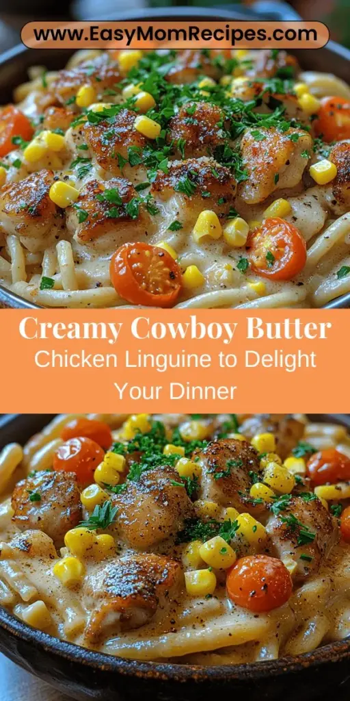Looking for a comforting and flavorful dinner idea? Try Creamy Cowboy Butter Chicken Linguine! This delicious dish features juicy chicken thighs and a rich, creamy sauce that beautifully clings to al dente linguine. Fresh vegetables like cherry tomatoes and corn add vibrance and nutrition, making it a standout choice for family gatherings or cozy nights in. Easy to prepare and incredibly satisfying, this recipe is sure to impress your guests and delight your taste buds. Get ready to savor every bite!