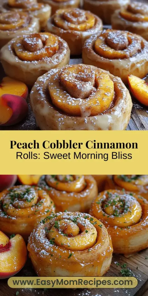 Indulge in the deliciousness of Peach Cobbler Cinnamon Rolls, where classic cinnamon rolls meet the sweet goodness of peach cobbler. This tempting recipe combines soft dough with a luscious peach filling, creating a perfect treat for breakfast or dessert. Ideal for any occasion, these rolls bring warmth and comfort to your table. With easy steps to follow and a creamy glaze to top it off, you'll impress friends and family while creating lasting memories in the kitchen.