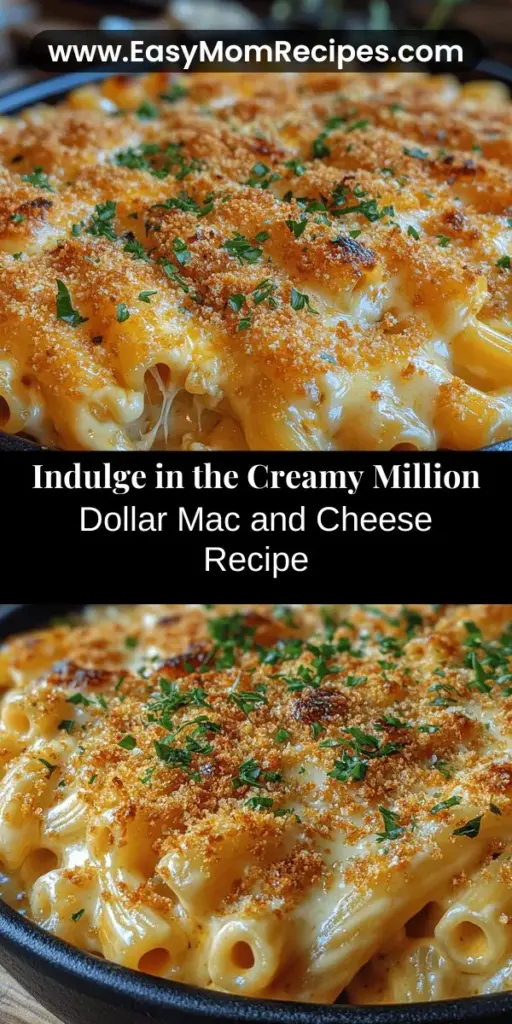 Indulge in the luxurious flavors of Million Dollar Mac and Cheese, a creamy twist on a beloved comfort food that promises to elevate your dining experience. This gourmet dish combines a rich blend of cheeses, including sharp cheddar and Gruyère, resulting in a velvety, satisfying sauce. Topped with crispy panko breadcrumbs, it’s perfect for any occasion, from family dinners to dinner parties. Discover how to create this unforgettable mac and cheese that will delight everyone at your table.