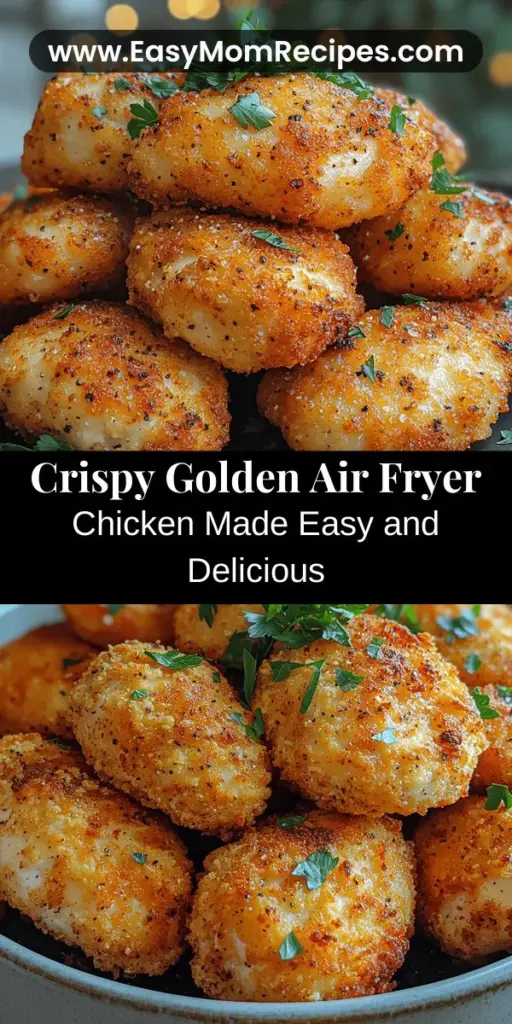 Discover the art of cooking Crispy Golden Air Fryer Chicken with this easy and delicious recipe! Air frying offers a healthier alternative to traditional frying by using minimal oil while still achieving that perfect crunch. This step-by-step guide will walk you through marinating the chicken, creating a flavorful coating, and tips for achieving juicy, tender meat. Make meal prep quick and enjoyable with this flavorful dish that's perfect for busy weeknights. Enjoy a guilt-free indulgence that everyone will love!