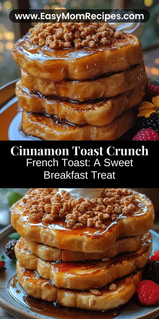 Wake up to the delightful flavors of Cinnamon Toast Crunch French Toast! This fun and unique twist on traditional French toast combines thick-cut brioche or challah bread with a crunchy layer of Cinnamon Toast Crunch cereal. Rich, creamy custard made from eggs and milk ensures each bite is indulgent, while a touch of sugar and cinnamon adds extra flavor. Perfect for a special breakfast or brunch, this sweet treat is bound to impress everyone at your table! Enjoy with maple syrup and fresh fruit for the ultimate breakfast experience.
