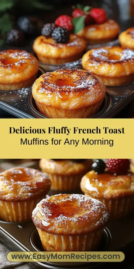 Discover the joy of Fluffy French Toast Muffins, a delicious twist on a classic breakfast favorite! Perfect for busy mornings or leisurely weekends, these muffins offer a delightful combination of soft, custardy interiors and crispy edges. Made with day-old bread, eggs, milk, and a hint of cinnamon, they're customizable with toppings like maple syrup or fresh fruit. Easy to prepare and even easier to enjoy, these muffins are sure to become a new family favorite!