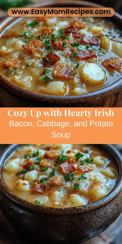 Indulge in a taste of Ireland with this cozy Bacon, Cabbage, and Potato Soup. Perfect for chilly evenings, this hearty dish combines the rich flavors of Irish bacon, earthy potatoes, and fresh cabbage, creating a comforting meal for family gatherings. Learn about the nutritional benefits of each ingredient while following simple step-by-step instructions to achieve the perfect blend of flavors. Bring warmth to your kitchen with this delightful, traditional recipe that has stood the test of time.